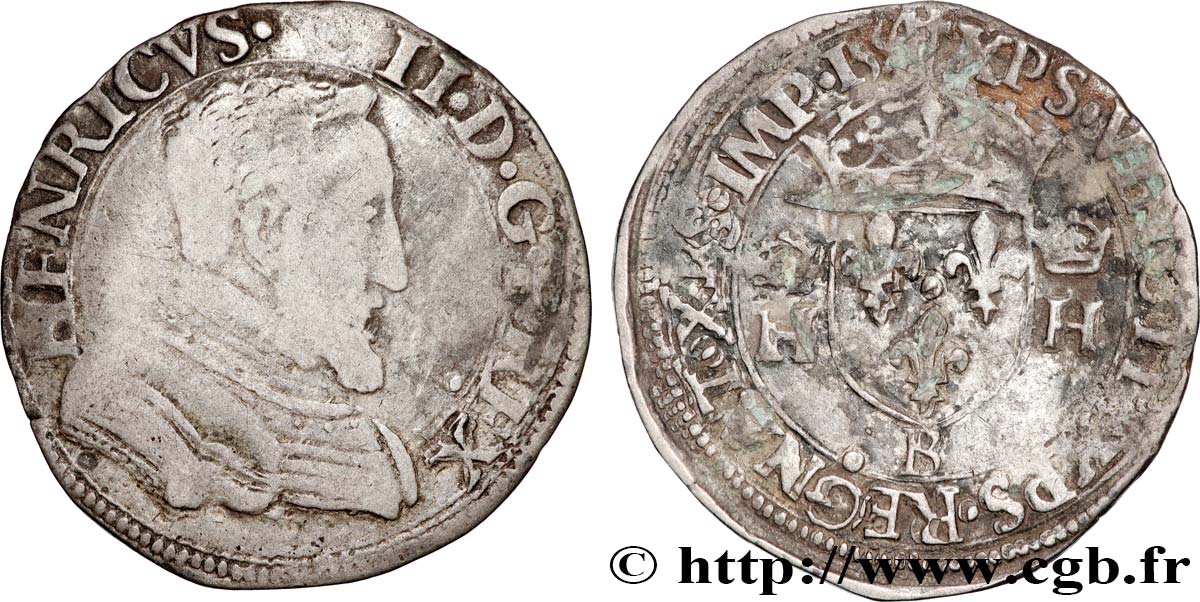 HENRI II Demi-teston à la tête nue, 1er type 1554 Rouen TB+/B+