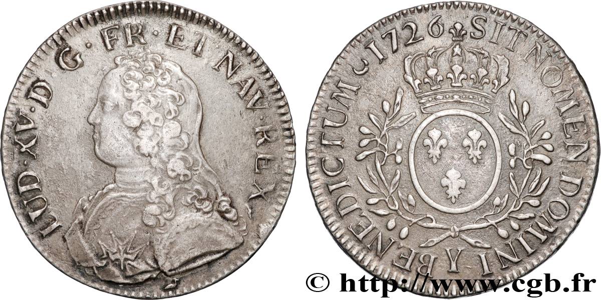 LOUIS XV DIT LE BIEN AIMÉ Écu aux branches d&nbsp;olivier, buste habillé 1726 Bourges TTB/TTB+