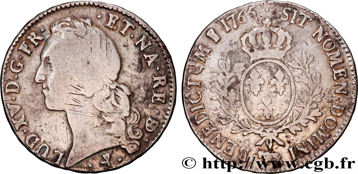 LOUIS XV DIT LE BIEN AIMÉ Écu aux branches d’olivier, tête ceinte d’un bandeau 1765 Pau TB/TB+