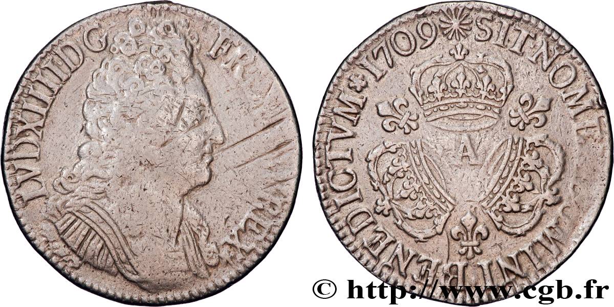 LOUIS XIV LE GRAND OU LE ROI SOLEIL Écu aux trois couronnes 1709 Paris TB/TB+