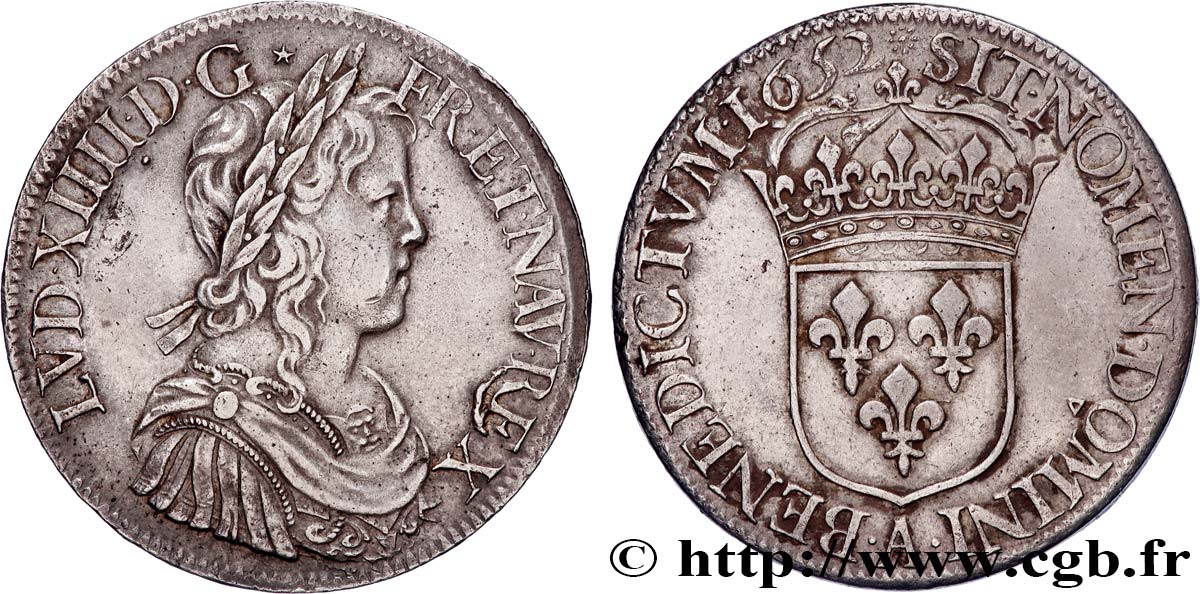 LOUIS XIV  THE SUN KING  Écu, portrait à la mèche longue 1652 Paris VZ/fVZ