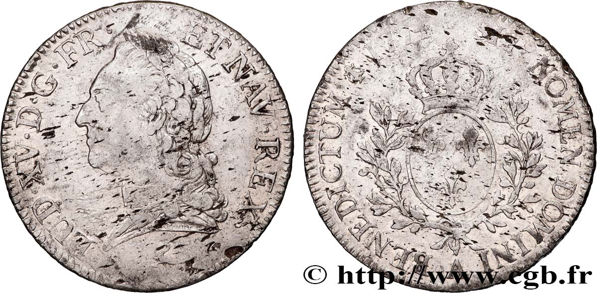 LOUIS XV DIT LE BIEN AIMÉ Écu aux branches d’olivier, buste lauré 1774 Paris TTB/TB+
