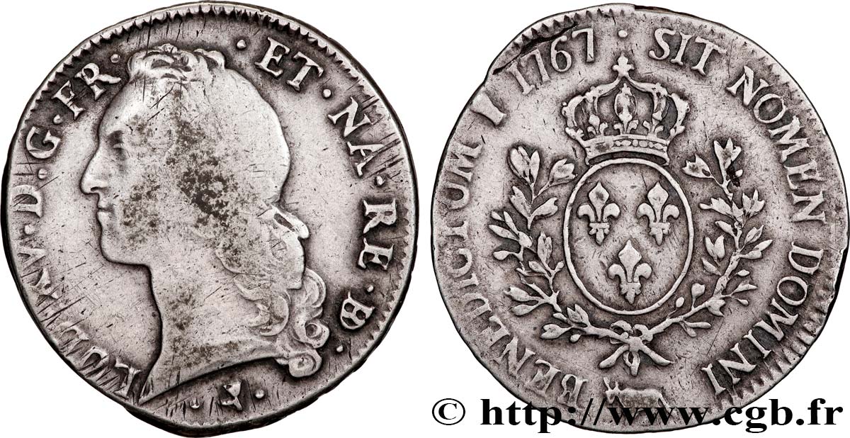 LOUIS XV DIT LE BIEN AIMÉ Écu aux branches d’olivier, tête ceinte d’un bandeau 1767 Pau TB+/TTB