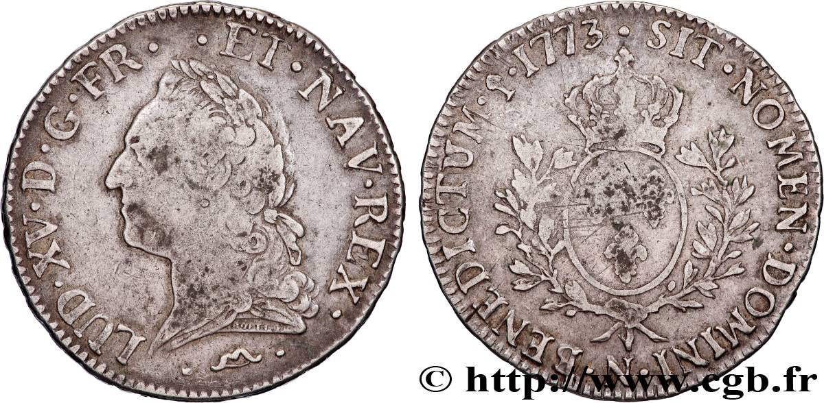 LOUIS XV THE BELOVED Écu aux branches d’olivier, buste lauré 1773 Montpellier VF