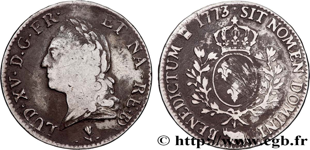 LOUIS XV THE BELOVED Écu aux branches d’olivier, buste lauré 1773 Pau F/VF