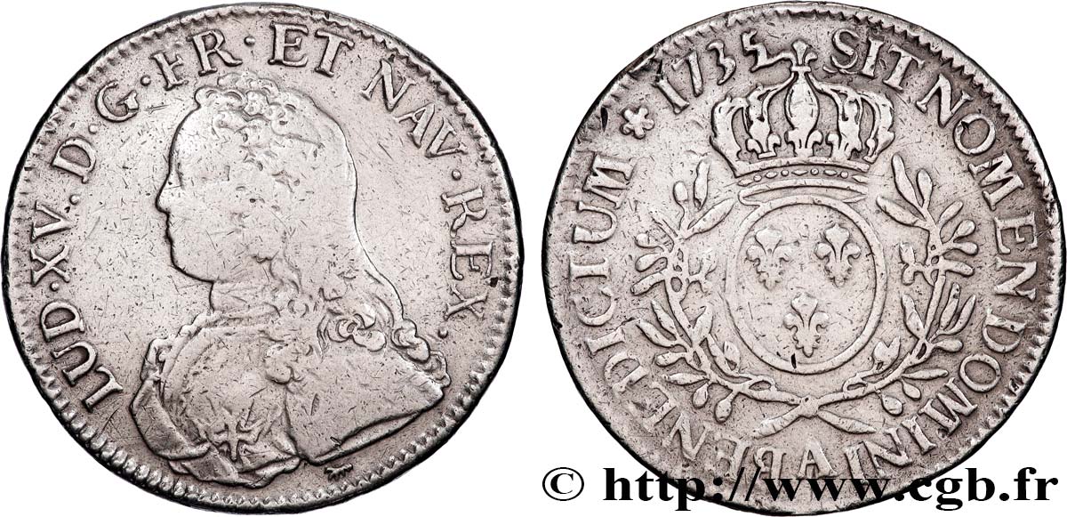 LOUIS XV THE BELOVED Écu aux branches d olivier, buste habillé 1735 Paris VF/VF