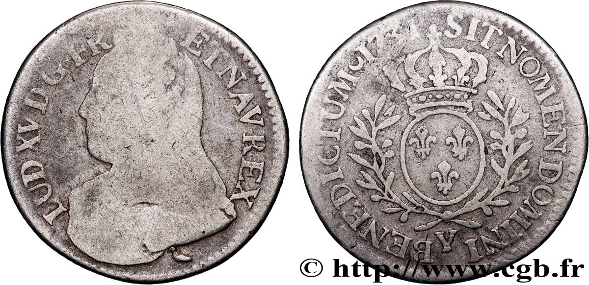 LOUIS XV THE BELOVED Cinquième d écu aux branches d olivier, buste habillé 1731 Bourges VG/VF