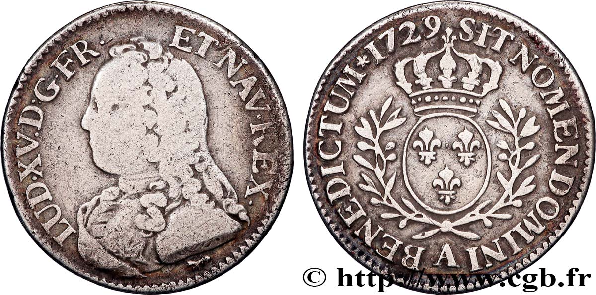 LOUIS XV THE BELOVED Cinquième d écu aux branches d olivier, buste habillé 1729 Paris VF/XF