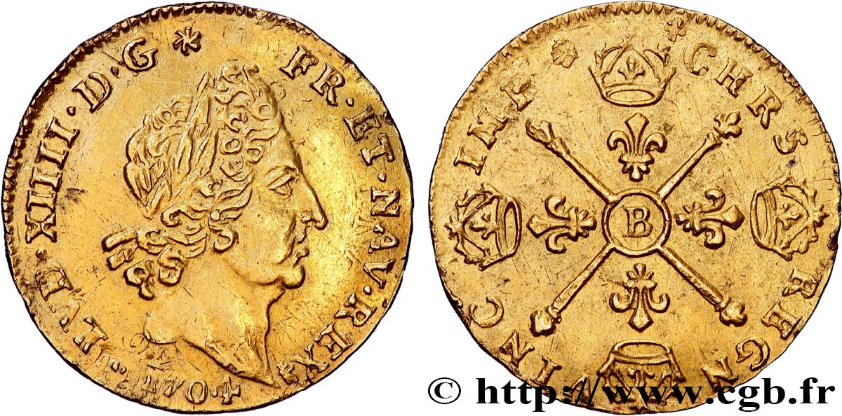 LOUIS XIV LE GRAND OU LE ROI SOLEIL Demi-louis d or aux insignes 1704 Rouen