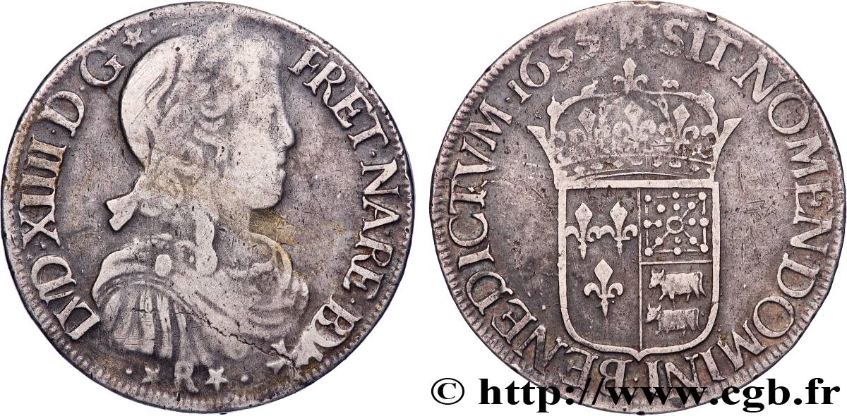LOUIS XIV  THE SUN KING  Écu de Béarn, portrait à la mèche longue 1655 Morlaàs VF/XF