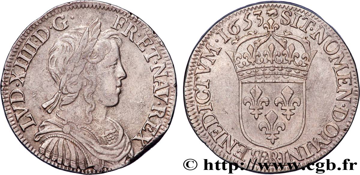 LOUIS XIV  THE SUN KING  Demi-écu, portrait à la mèche longue 1653 Arras AU/AU
