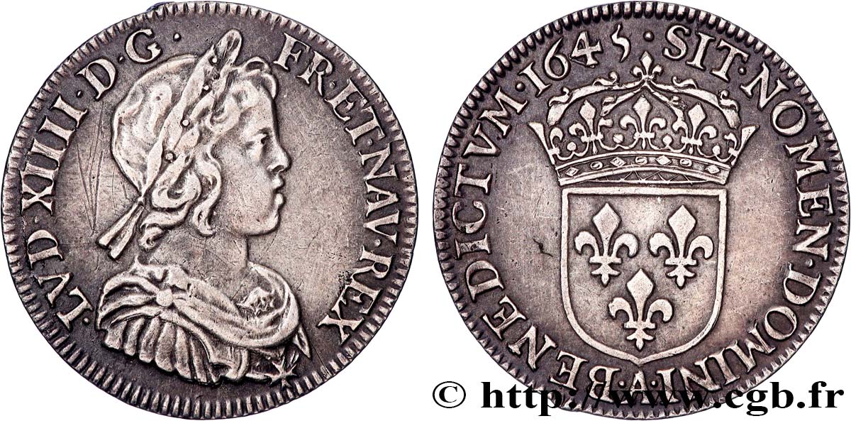 LOUIS XIV LE GRAND OU LE ROI SOLEIL Quart d écu, portrait à la mèche courte 1645 Paris, Monnaie du Louvre TTB+/SUP
