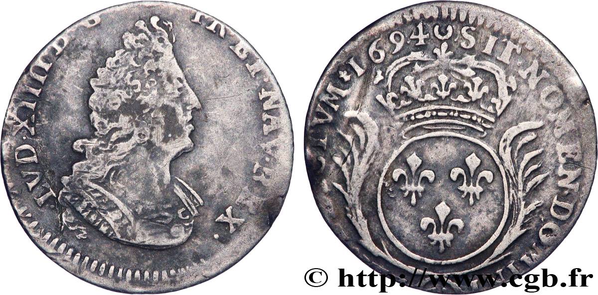 LOUIS XIV  THE SUN KING  Douzième d écu aux palmes 1694 Atelier indéterminé VF