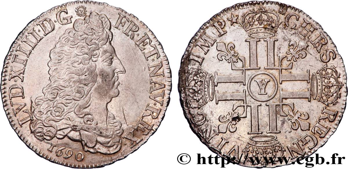 LOUIS XIV  THE SUN KING  Demi-écu aux huit L, 1er type 1690 Bourges AU