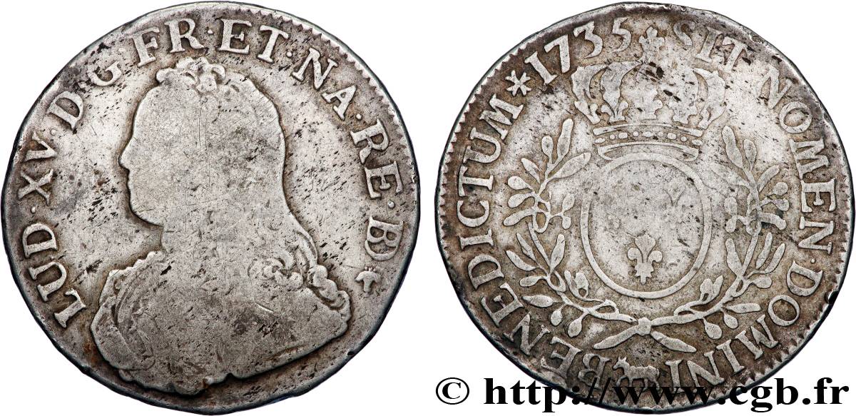 LOUIS XV THE BELOVED Écu aux branches d olivier, buste habillé 1735 Pau F/VF