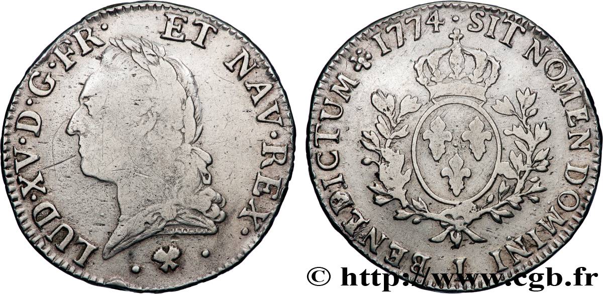 LOUIS XV THE BELOVED Écu aux branches d’olivier, buste lauré 1774 Bayonne VF/VF