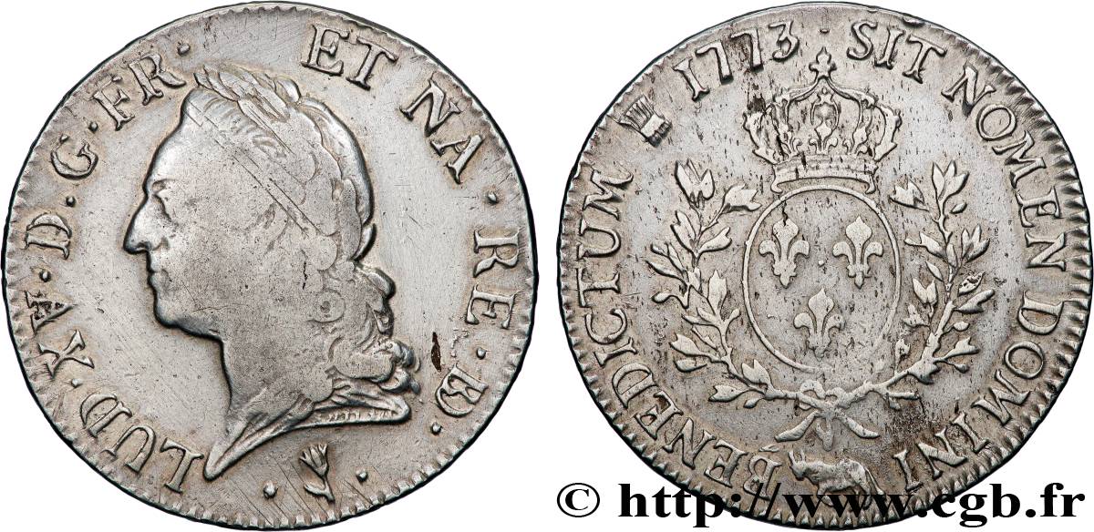 LOUIS XV THE BELOVED Écu aux branches d’olivier, buste lauré 1773 Pau F/XF