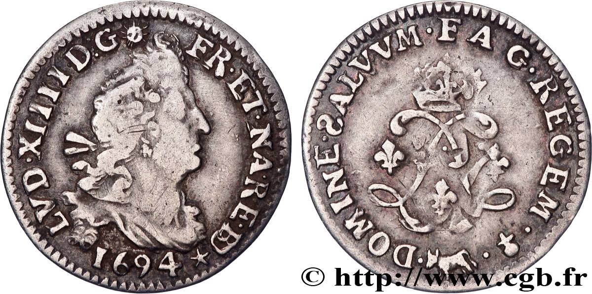 LOUIS XIV LE GRAND OU LE ROI SOLEIL Quatre sols aux deux L couronnées de Béarn 1694 Pau TTB/TTB+