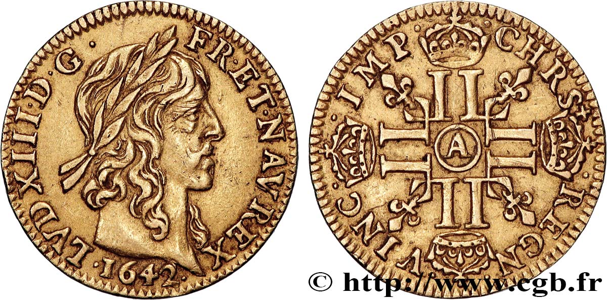 LOUIS XIII LE JUSTE Demi-louis d or aux huit L (effigie de Jean Warin) 1642 Paris, Monnaie du Louvre TTB+/TTB