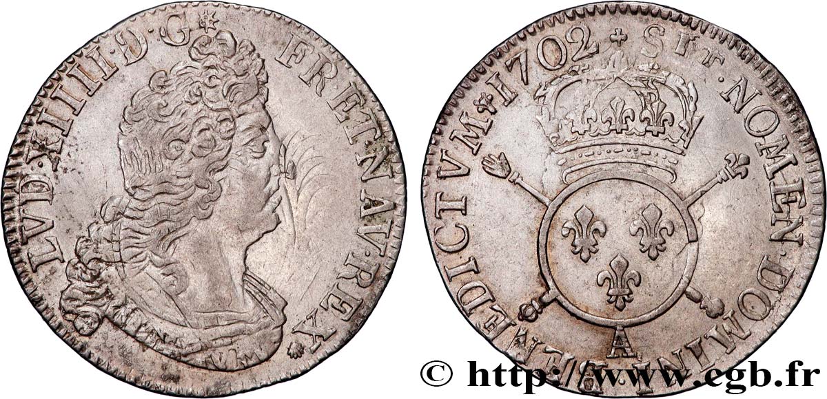 LOUIS XIV  THE SUN KING  Quart d écu aux insignes 1702 Paris AU