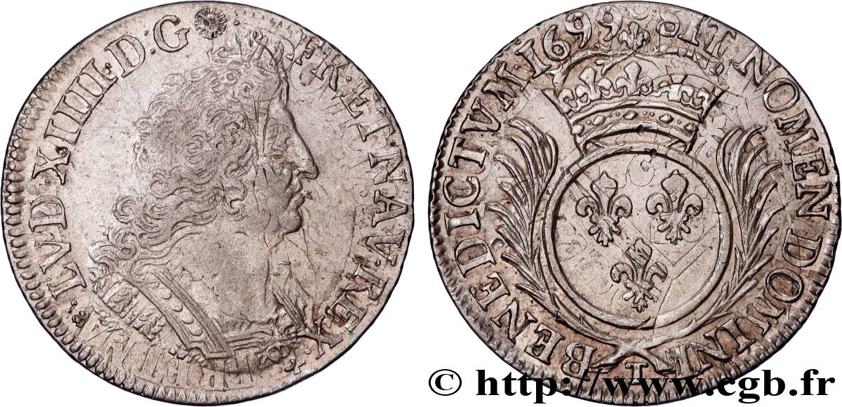 LOUIS XIV LE GRAND OU LE ROI SOLEIL Quart d écu aux palmes 1699 Nantes TTB+/SUP