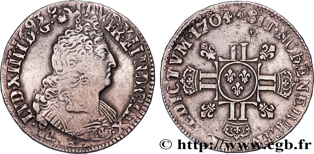 LOUIS XIV LE GRAND OU LE ROI SOLEIL Demi-écu aux huit L, 2e type 1704 Poitiers TTB