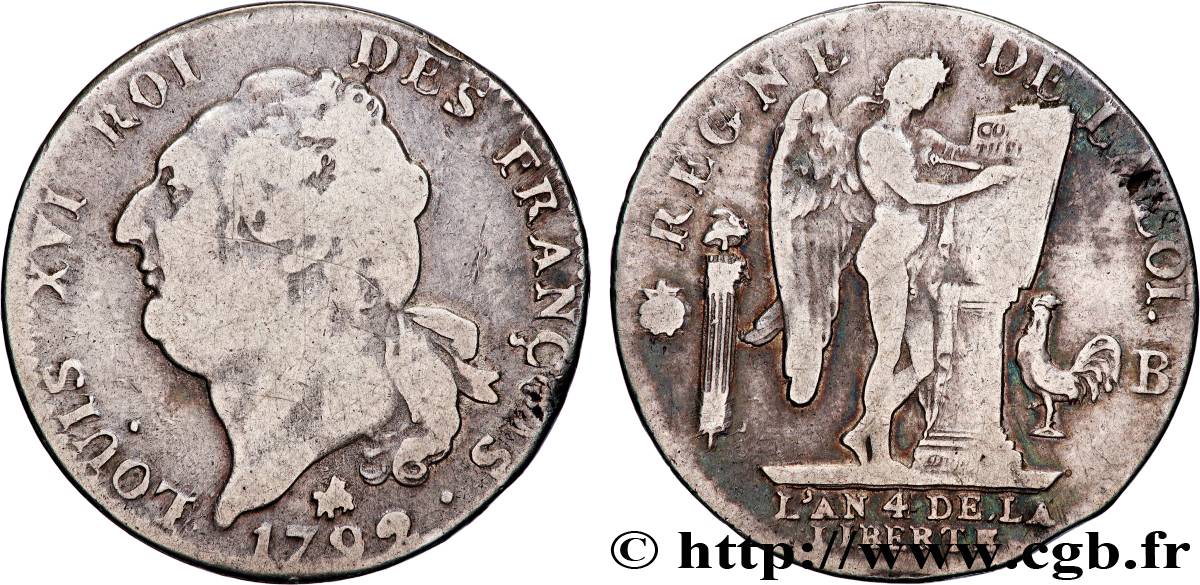 LOUIS XVI Écu dit  au génie , type FRANÇOIS 1792 Rouen VF