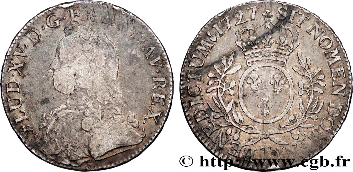 LOUIS XV THE BELOVED Écu aux branches d olivier, buste habillé 1727 Nantes F/VF