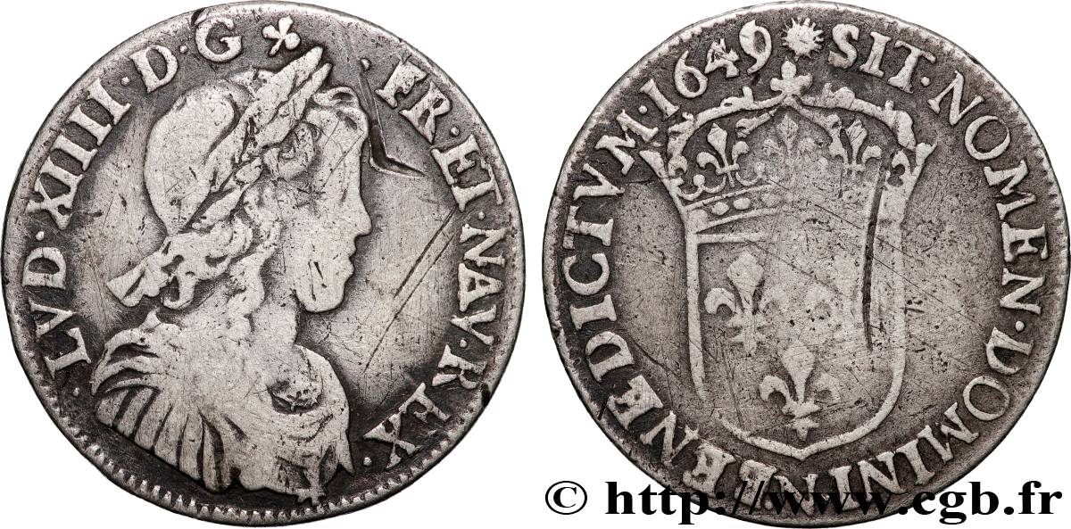 LOUIS XIV  THE SUN KING  Quart d écu, portait à la mèche longue 1649 Montpellier VF