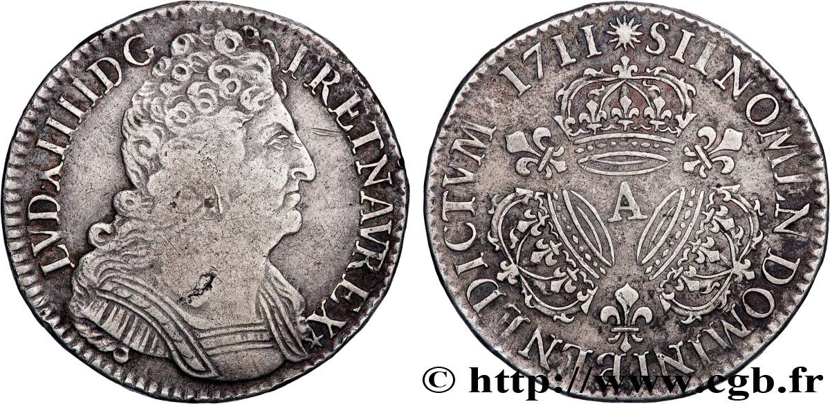 LOUIS XIV  THE SUN KING  Demi-écu aux trois couronnes 1711 Paris VF/XF