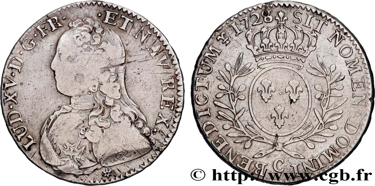 LOUIS XV THE BELOVED Demi-écu aux branches d olivier, buste habillé 1728 Caen VF/VF