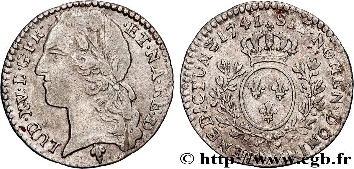 LOUIS XV THE BELOVED Dixième d écu aux branches d’olivier, tête ceinte d’un bandeau 1741 Pau XF/AU