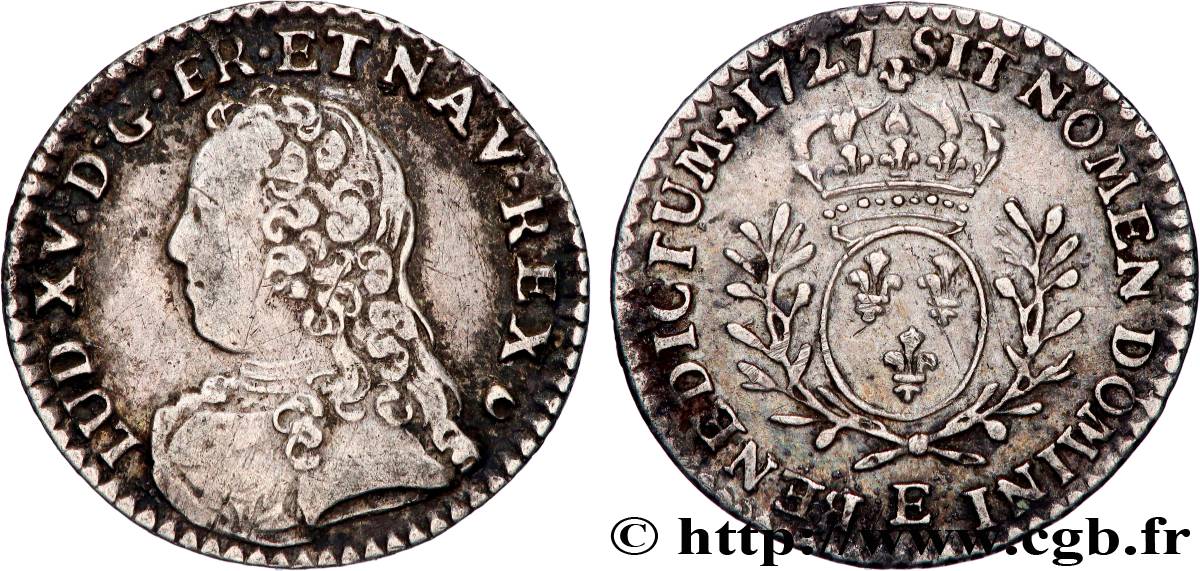 LOUIS XV DIT LE BIEN AIMÉ Vingtième d’écu aux branches d’olivier, buste habillé 1727 Tours TTB/TTB+