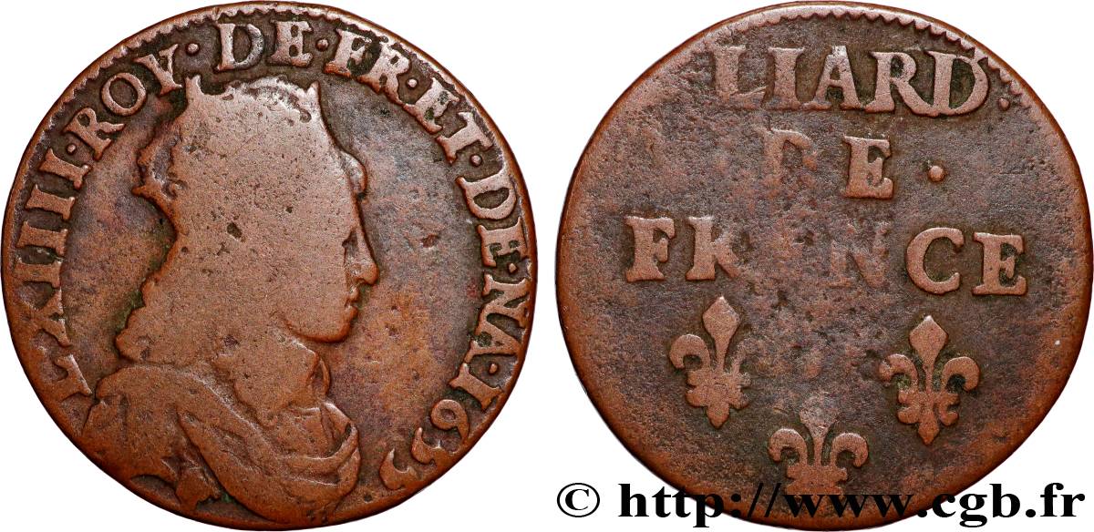 LOUIS XIV  THE SUN KING  Liard de cuivre, 2e type 1655 atelier indéterminé q.BB