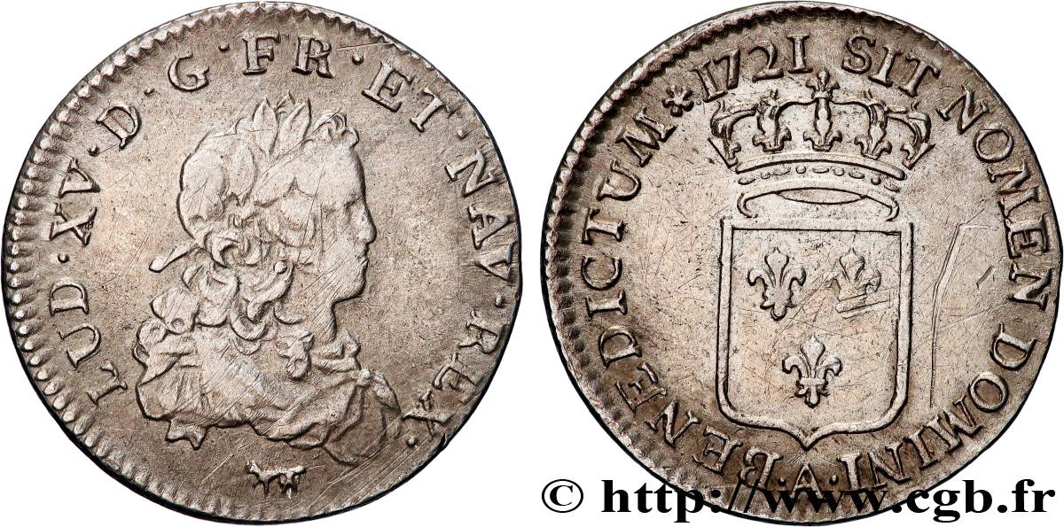 LOUIS XV THE BELOVED Tiers d écu de France 1721 Paris VF/XF