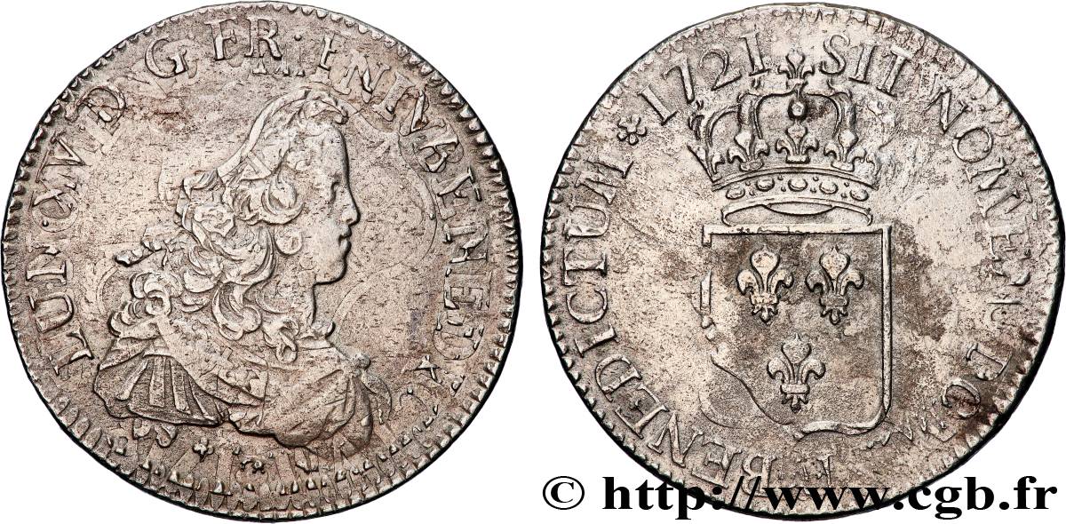 LOUIS XV THE BELOVED Écu de France 1721 Paris VF/VF