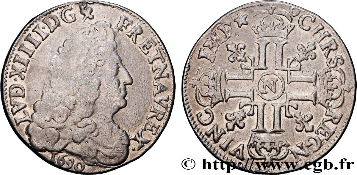 LOUIS XIV  THE SUN KING  Demi-écu aux huit L, 1er type 1690 Montpellier VF/XF