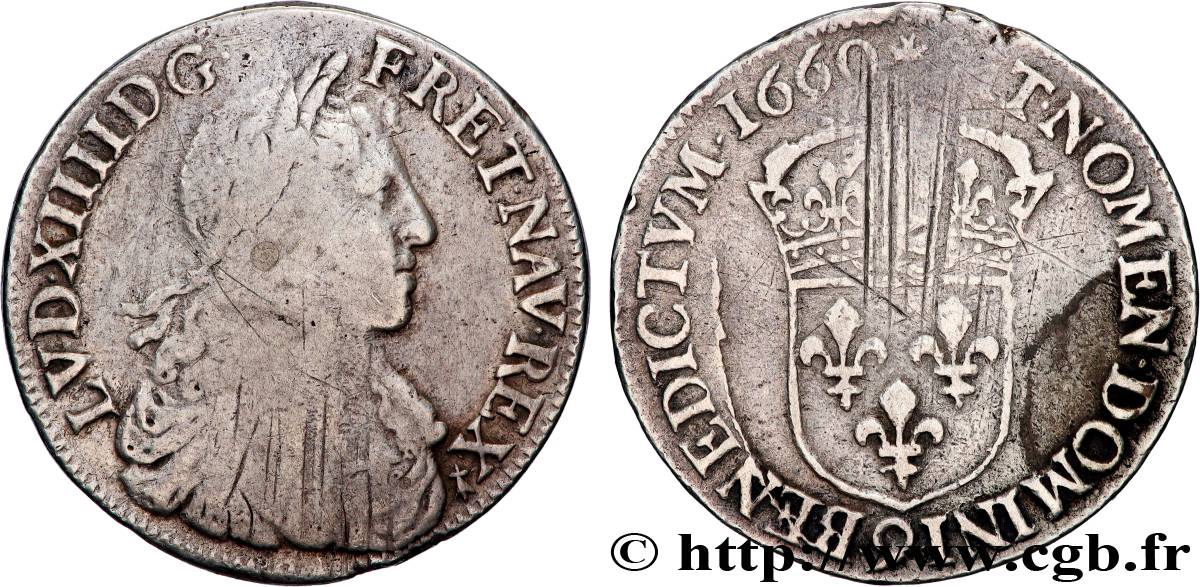 LOUIS XIV  THE SUN KING  Demi-écu, portrait apollinien 1660 Rennes VF/VF