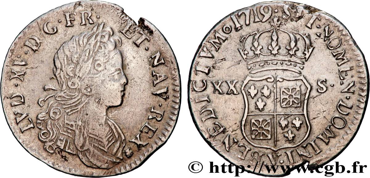 LOUIS XV THE BELOVED XX sols de Navarre 1719 Troyes VF