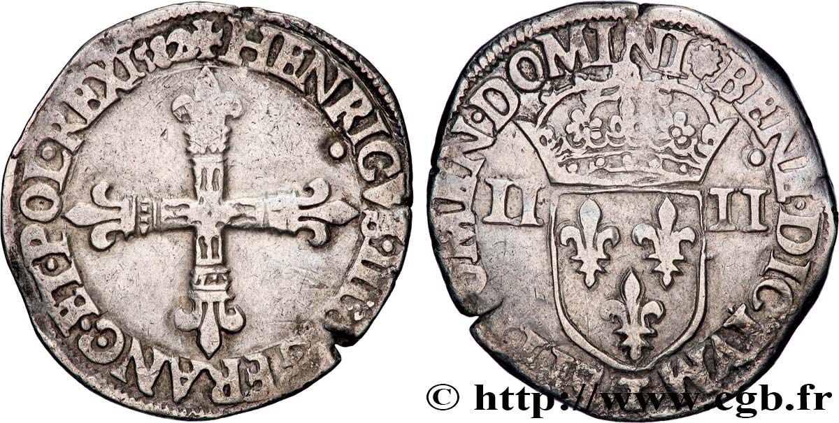HENRY III Quart d écu, croix de face 1582 Nantes XF
