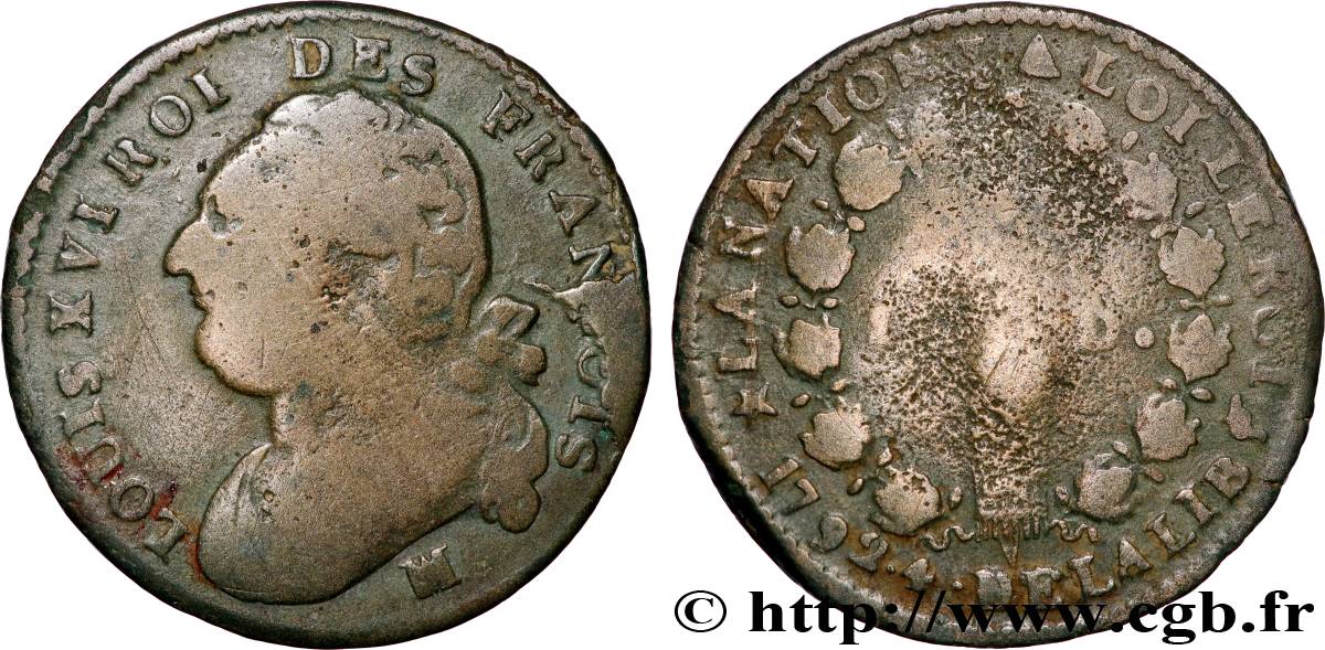 LOUIS XVI (MONARQUE CONSTITUTIONNEL)  12 deniers dit  au faisceau , type FRANCOIS 1792 Marseille B+