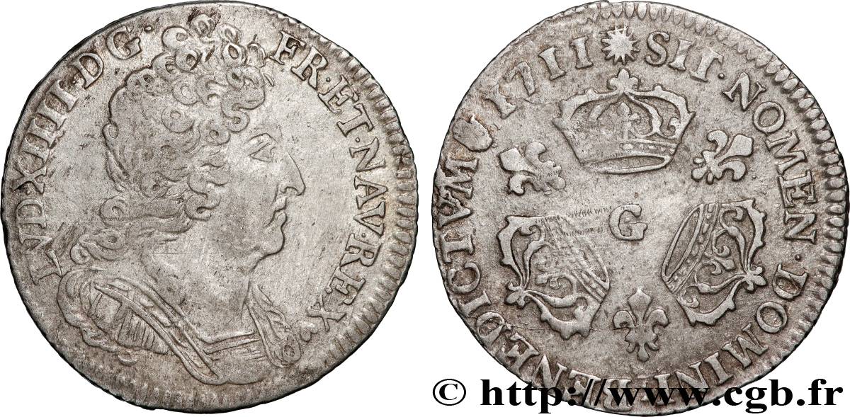 LOUIS XIV  THE SUN KING  Dixième d écu aux trois couronnes 1711 Poitiers XF