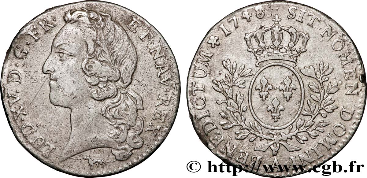 LOUIS XV THE BELOVED Cinquième d’écu aux branches d’olivier, tête ceinte d’un bandeau 1748 Paris AU