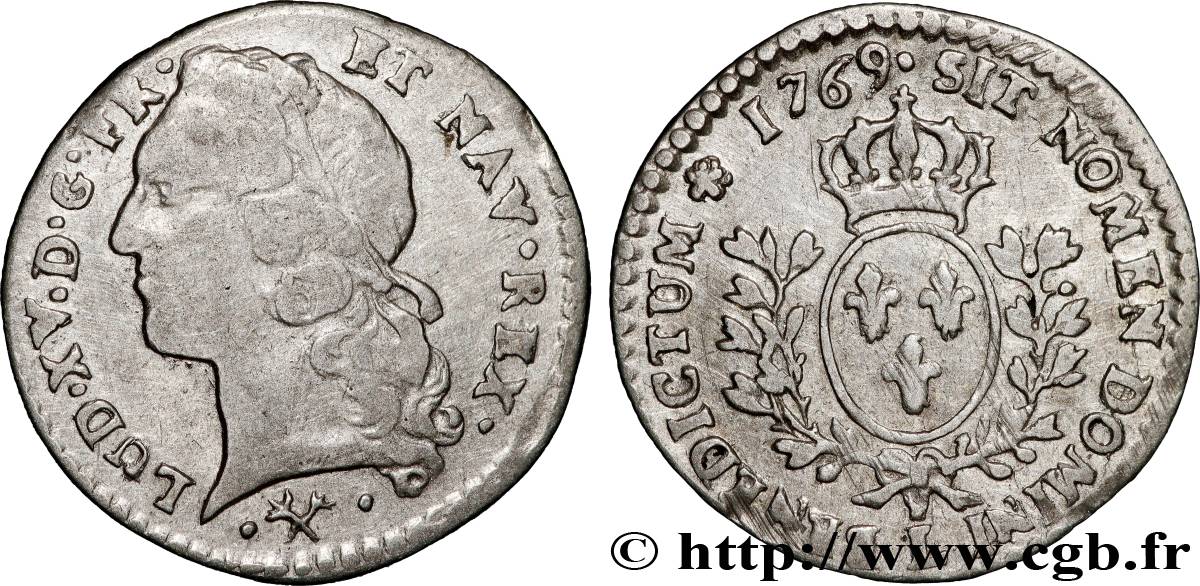 LOUIS XV THE BELOVED Vingtième d écu aux branches d’olivier, tête ceinte d’un bandeau 1769 Bayonne XF/AU