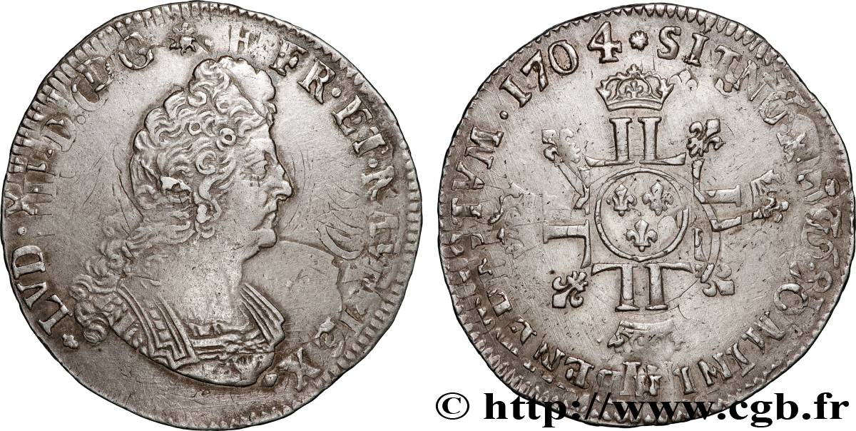 LOUIS XIV  THE SUN KING  Demi-écu aux huit L, 2e type 1704 La Rochelle XF