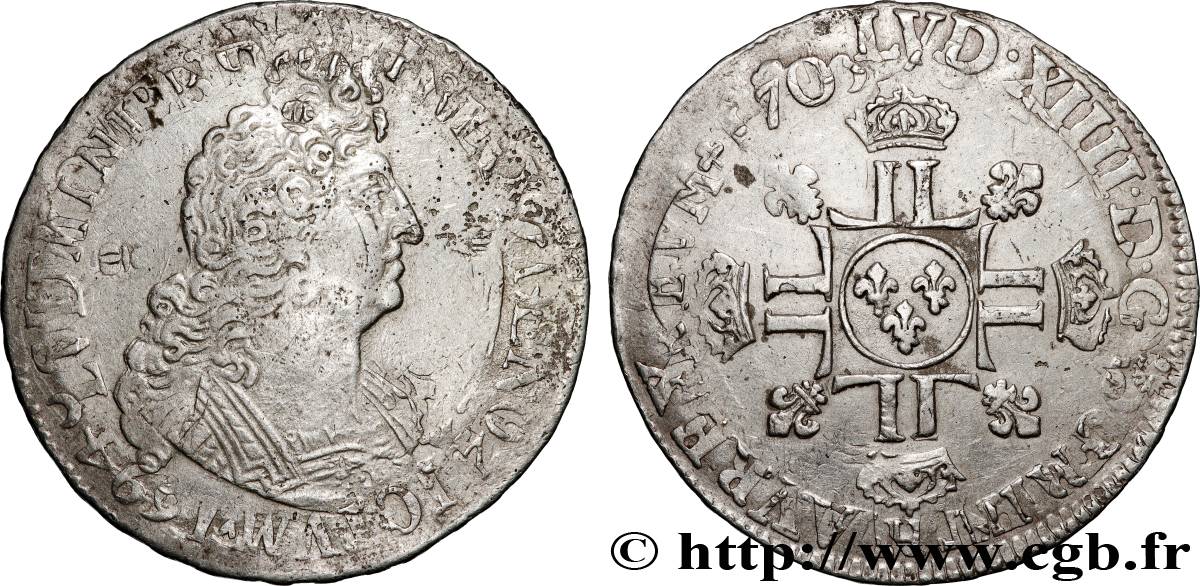 LOUIS XIV  THE SUN KING  Demi-écu aux huit L, 2e type 1705 Rouen XF