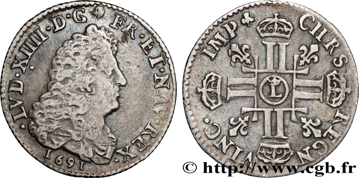 LOUIS XIV  THE SUN KING  Douzième d écu aux huit L, 1er type 1691 Lille XF/AU