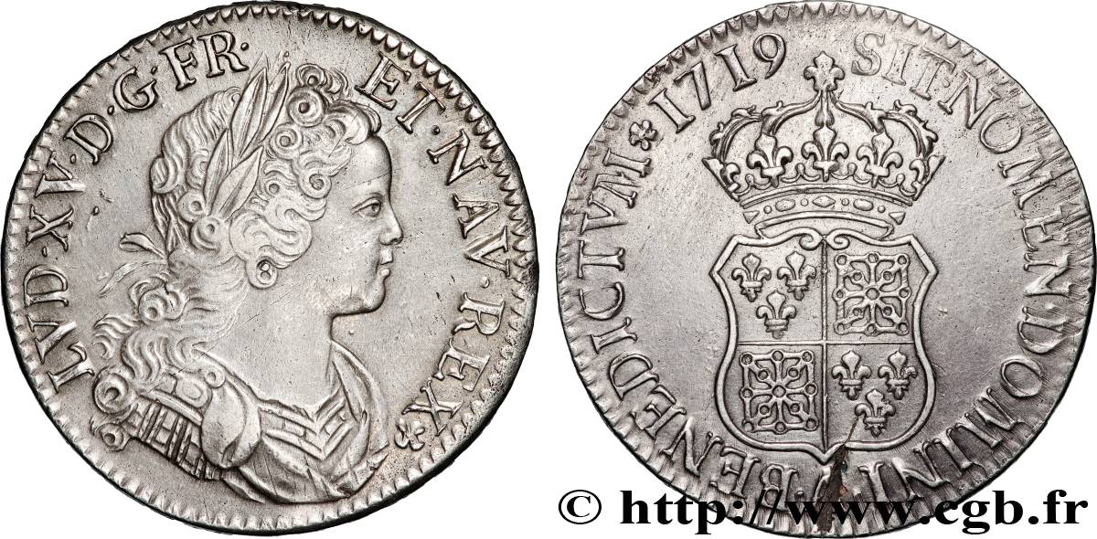 LOUIS XV  THE WELL-BELOVED  Écu dit  de France-Navarre  1719 Paris AU