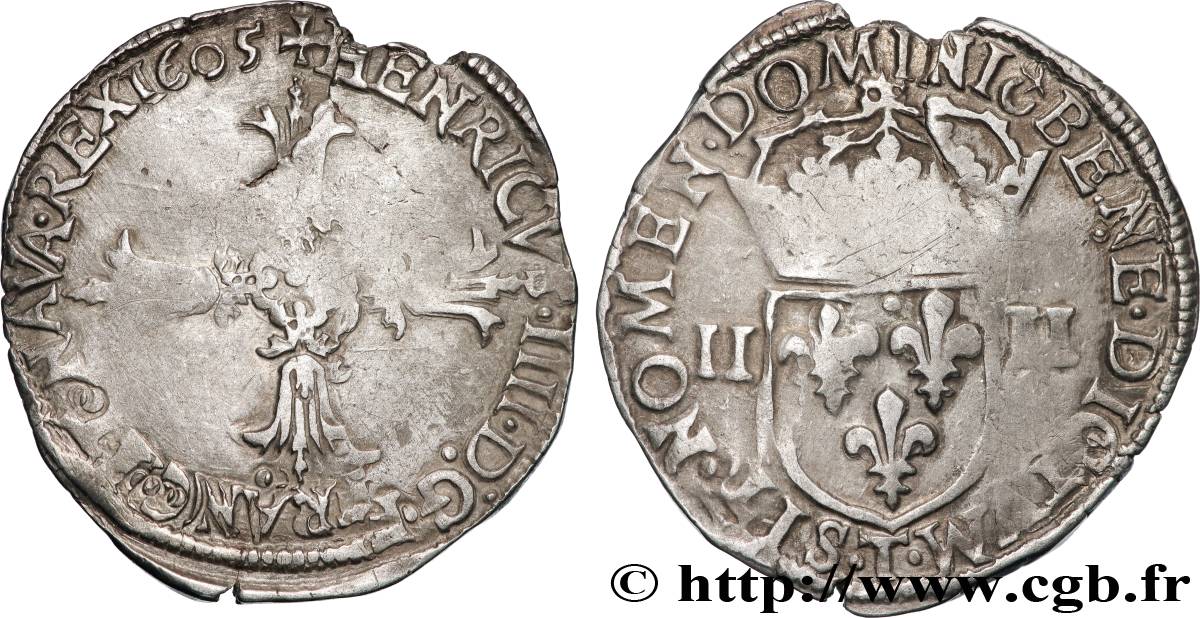 HENRY IV Quart d écu, croix feuillue de face 1605 Nantes VF/VF