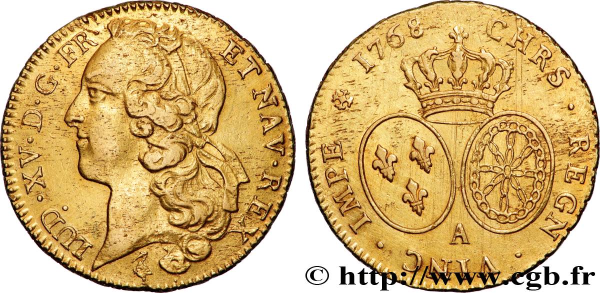 LOUIS XV DIT LE BIEN AIMÉ Double louis d’or aux écus ovales, tête ceinte d’un bandeau 1768 Paris TTB/TTB+